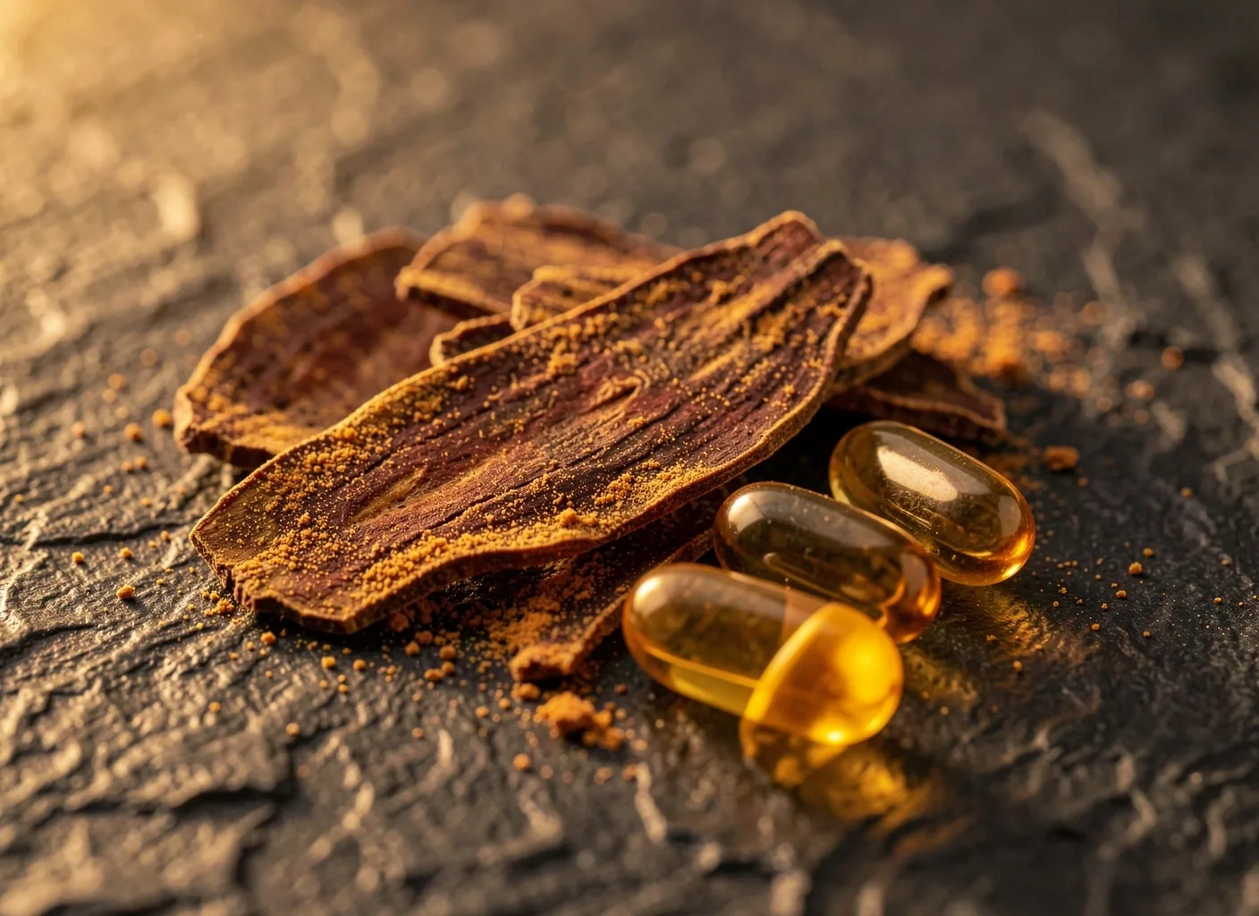 Macro view of botanical supplement ingredients on a dark surface