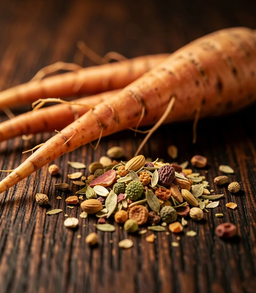 Dried adaptogenic herbs in a ceramic bowl