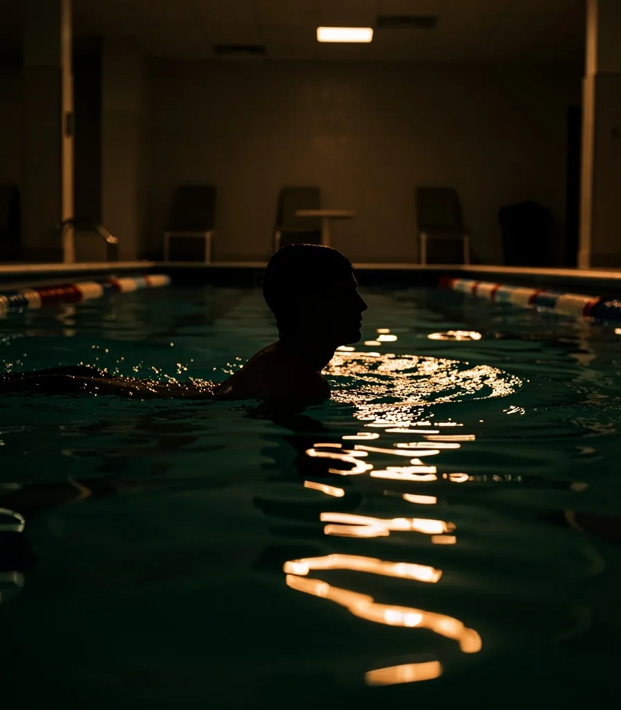 Swimmer in a low-lit pool